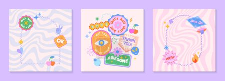 Photo for Vector set of cute fun templates with frames,patches,stickers in 90s style.Modern symbols in y2k aesthetic with text.Trendy groovy designs for banners,social media marketing,branding,packaging,covers - Royalty Free Image