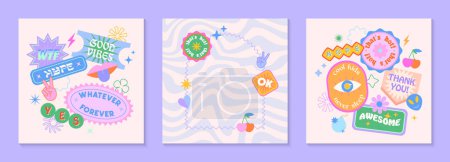 Photo for Vector set of cute funny templates with patches and stickers in 90s style.Modern symbols in y2k aesthetic with text.Trendy kidcore designs for banners,social media marketing,branding,packaging,covers - Royalty Free Image