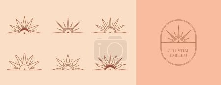 Illustration for Bundle of vector bohemian logo templates with sun,moon and sunburst.Boho linear icons or symbols in trendy minimalist style.Modern celestial emblems.Letters with Tierra del Sol means The Land of Sun - Royalty Free Image