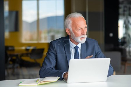 Photo for Handsome smiling senior man while sitting at his cozy workplace with laptop at home, retired male chatting with friends in social media - Royalty Free Image