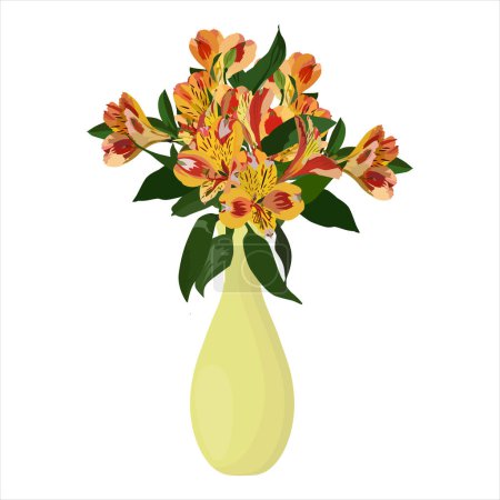 Ilustración de Hermosa alstroemeria flor tropical. Ramo de lirio peruano en jarrón, ilustración vectorial aislada sobre fondo blanco. - Imagen libre de derechos
