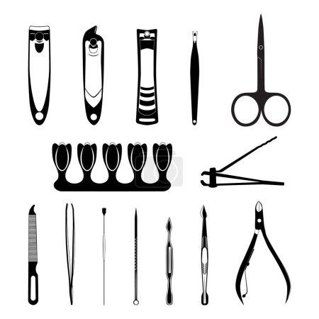 Manicure, pedicure and face cleaning tools black silhouettes, vector illustration isolated on white background. Essential nail and face care accessories.