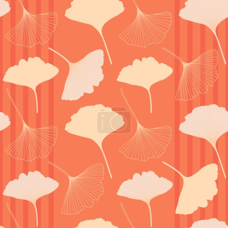 Ginkgo plant seamless pattern in trendy 2024 peach fuzz color palette. Ginkgo biloba tree leaf outlines, silhouettes, vector illustration. Floral repeat pattern textile design, wallpaper.
