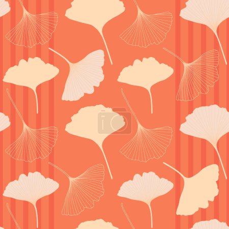 Illustration for Ginkgo plant seamless pattern in trendy 2024 peach fuzz color palette. Ginkgo biloba tree leaf outlines, silhouettes, vector illustration. Floral repeat pattern textile design, wallpaper. - Royalty Free Image