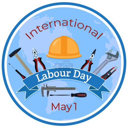 Banner, Schild, Vektorillustration zum Internationalen Tag der Arbeit am 1. Mai. Labor Day Design-Element mit Arbeiter harten Hut, Arbeitswerkzeuge, Planet Erde Hintergrund.