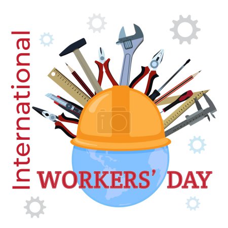 Illustration for International Workers Day banner, sign, vector illustration. Labor Day design element with planet Earth in worker hard hat with work tools. - Royalty Free Image