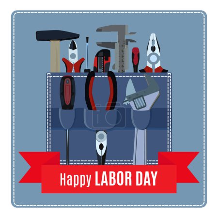 Happy Labor Day banner, signo, cartel, ilustración vectorial. Elemento de diseño del Día del Trabajo o del Trabajo con herramientas manuales en el bolsillo del delantal de trabajo.