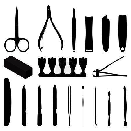 Manicure, pedicure and face cleaning tools black silhouettes, vector illustration isolated on white background. Essential nail and face care accessories.