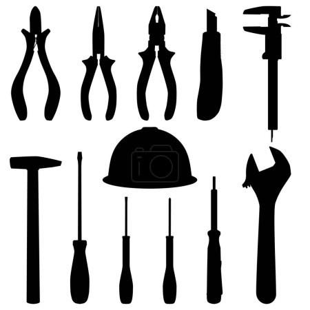 Outils à main, illustration vectorielle isolée. Coupe-fils, pinces, clé réglable, tournevis, couteau de coupe, étrier vernier, marteau et casque silhouettes noires.