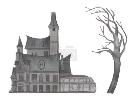 Foto de Acuarela Addams Family House, Acuarela ilustración árbol negro sobre un fondo blanco. - Imagen libre de derechos