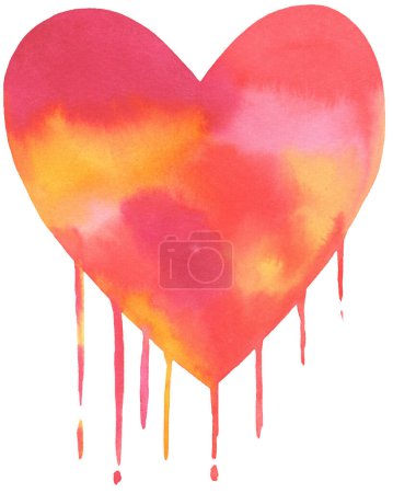 Photo for Watercolor hand drawing Dripping Heart, Yellow Red Abstract dripping heart with shapes - Royalty Free Image