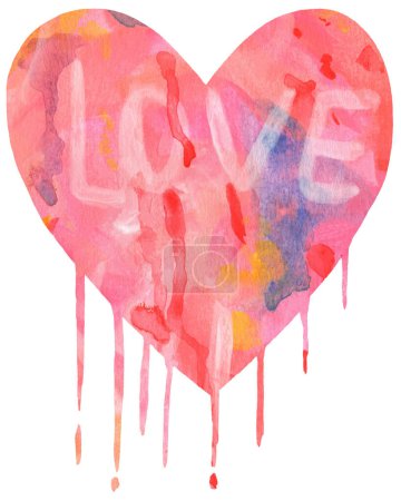 Photo for Watercolor hand drawing Dripping Heart, Pink Red Abstract dripping heart with shapes - Royalty Free Image