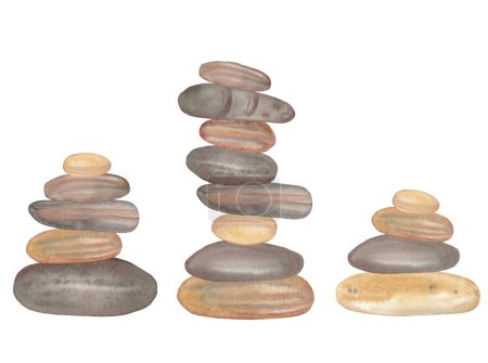 Photo for Hand painted Brown watercolor cairns, Watercolor stone pyramids on white background - Royalty Free Image