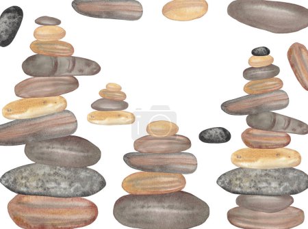 Photo for Hand painted Brown watercolor cairns, Watercolor stone pyramids on white background - Royalty Free Image