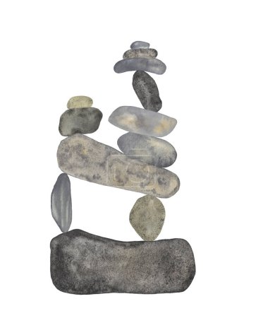 Photo for Hand painted grey watercolor cairns, Watercolor stone pyramids on white background - Royalty Free Image