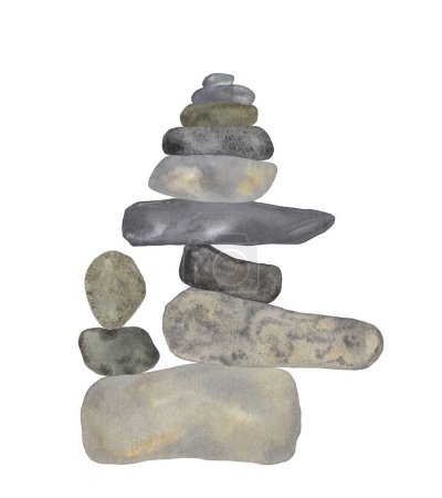 Photo for Hand painted grey watercolor cairns, Watercolor stone pyramids on white background - Royalty Free Image