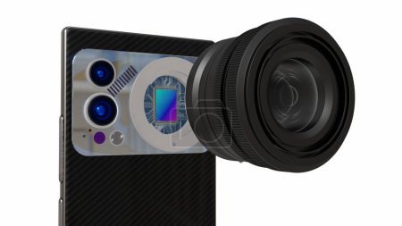 Photo for Future Smartphone Concept. This high-quality, detailed 3D rendering depicts a futuristic smartphone with interchangeable lens, big sensor and an external flash. The illustration showcases the sleek - Royalty Free Image
