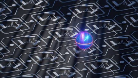 Foto de Qubit cuántico en estado de superposición en placa de circuito de computadora cuántica, esfera bloch, primer plano, renderizado 3D - Imagen libre de derechos