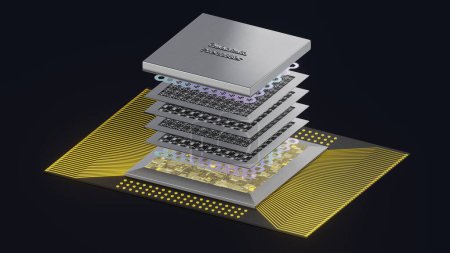 Foto de Concepto de procesador cuántico con placas de circuito qubits cuánticas en capas, cableado, cubierta, renderizado 3D, una vista explotada, fondo negro - Imagen libre de derechos