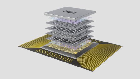 Foto de Concepto de procesador cuántico con placas de circuito qubits cuánticas en capas, cableado, cubierta, renderizado 3D, una vista explotada, fondo blanco - Imagen libre de derechos