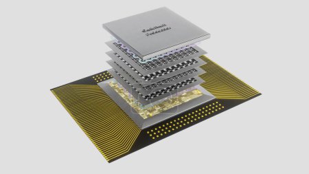 Foto de Concepto de procesador cuántico con placas de circuito qubits cuánticas en capas, cableado, cubierta, renderizado 3D, una vista explotada, fondo blanco - Imagen libre de derechos