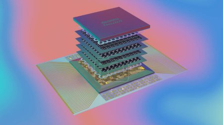 Foto de Concepto de procesador cuántico con placa de circuito qubits cuántica hecha de material superconductor de niobio-titanio, base, cableado, placa de enfriamiento y cubierta, renderizado 3D, una vista explotada en luz de color - Imagen libre de derechos