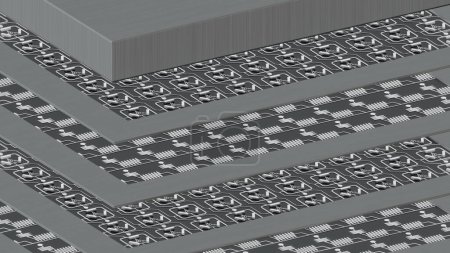 Foto de Procesador cuántico macro de alambres de codo en capas concepto con placas de circuito qubits cuánticas en capas, cableado, cubierta, renderizado 3D, una vista explotada, fondo negro - Imagen libre de derechos
