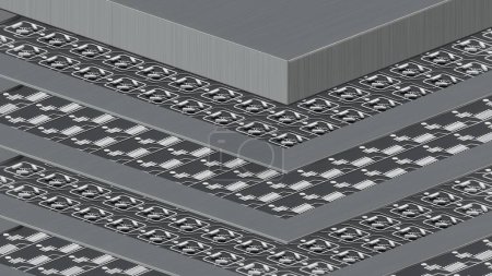 Foto de Procesador cuántico macro de alambres de codo en capas concepto con placas de circuito qubits cuánticas en capas, cableado, cubierta, renderizado 3D, una vista explotada, fondo negro - Imagen libre de derechos