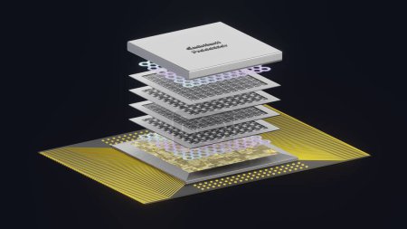Foto de Concepto de procesador cuántico con placas de circuito qubits cuánticas en capas, cableado, cubierta, renderizado 3D, una vista explotada, fondo negro - Imagen libre de derechos