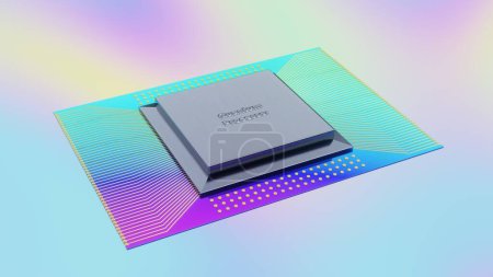 Foto de Concepto de procesador cuántico con placas de circuito qubits cuánticas en capas, cableado, cubierta, renderizado 3D, vista ensamblada, degradado holográfico paleta de colores de plata - Imagen libre de derechos