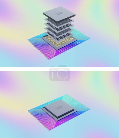 Foto de Concepto de procesador cuántico con placas de circuito qubits cuánticas en capas, cableado, cubierta, renderizado 3D, vistas ensambladas y explotadas, paleta de colores de plata con gradiente holográfico - Imagen libre de derechos