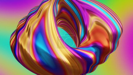 Foto de Forma de rosquilla retorcida con colores azul, rosa y dorado, representación 3D - Imagen libre de derechos
