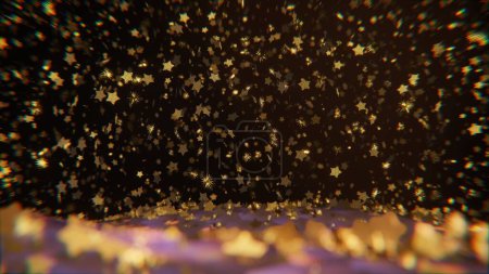 Téléchargez les photos : Humeur rêveuse et festive avec des étoiles dorées brillantes sur l'obscurité - Mouvement Globe d'eau comme des particules - rendu 3D - en image libre de droit