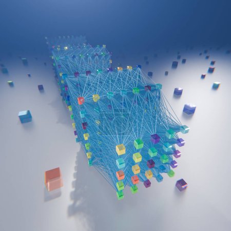 Foto de Visualización 3D intrincada de la red neuronal en el estudio de inteligencia artificial, renderización 3D - Imagen libre de derechos