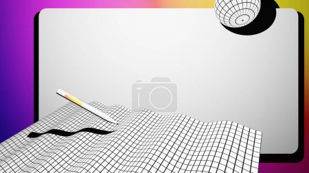 This modern background template showcases a seamless loop of dynamic black and white geometric shapes, covered with simple 3D grids and highlighted by colorful, punchy, bright iridescent gradients