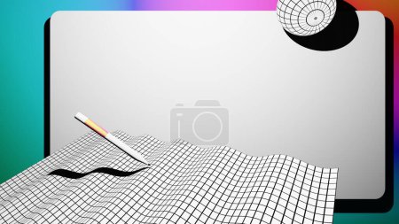 Esta plantilla de fondo moderno muestra un bucle sin costuras de formas geométricas dinámicas en blanco y negro, cubiertas con rejillas 3D simples y resaltadas por degradados iridiscentes coloridos, perforantes y brillantes.
