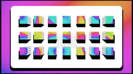 3D cubes with colorful gradients and black white shadows. The flat cartoon style artwork is set against a squared paper material background, creating a dynamic visual design.