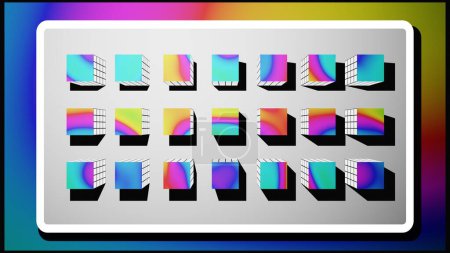3D cubes with colorful gradients and black white shadows. The flat cartoon style artwork is set against a squared paper material background, creating a dynamic visual design.
