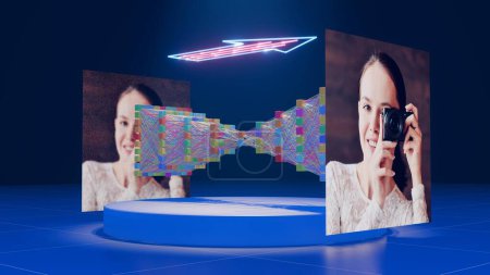 This striking 3D rendering illustrates the process of image denoising using an autoencoder neural network. The visualization captures the transformation of a noisy image into a clean version as it