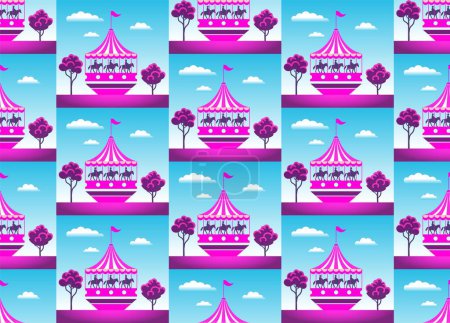 Téléchargez les illustrations : Cirque rose du monde des fées, style dessin animé, fond sans couture - en licence libre de droit