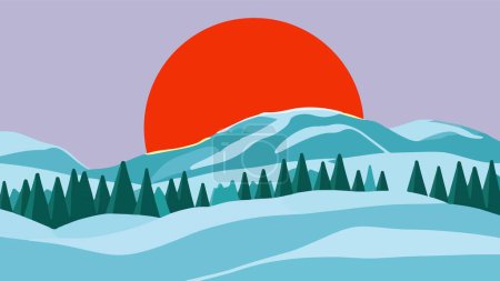 Ilustración de Panorama minimalista de invierno con sol grande - Imagen libre de derechos