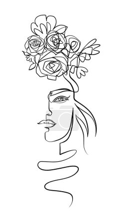 Illustration for Woman with Flowers One Line Drawing. Continuous Line Beauitiful female and and flower wreath - Royalty Free Image