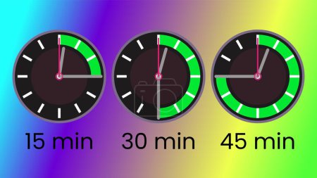 Illustration for Set of timers 15, 30 and 45 min, analogue clock style, with segment progress bar - Royalty Free Image