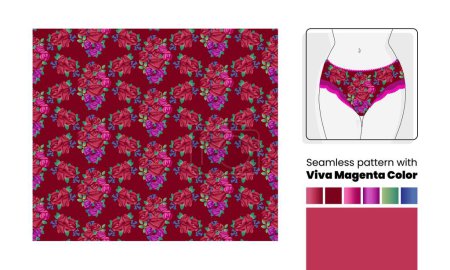 Téléchargez les photos : Ornement vectoriel sans couture avec la couleur Viva Magenta de l'année et un exemple de son utilisation en lingerie - en image libre de droit