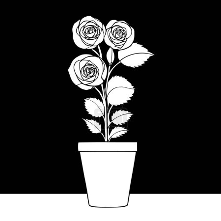 Téléchargez les illustrations : Roses dans un pot sur le rebord de la fenêtre, ligne continue - en licence libre de droit