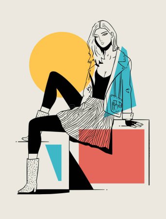 Illustration for Woman in Jean Jacket Sitting on Geometric Shape, Minimalist Style Fashion Illustration, Flat Vector - Royalty Free Image
