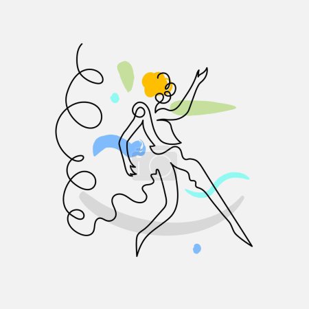 This abstract art piece captures the dynamic essence of dance through a silhouette of a figure surrounded by a whirlwind of colorful shapes and lines. It represents the beauty of movement and the