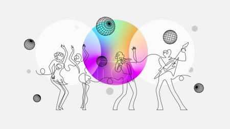 Esta ilustración presenta un grupo vocal de género mixto en un dibujo de línea continua, una visión moderna del estilo plano con degradados de color que recuerdan a los años 70-80. La representación emocional a través de un