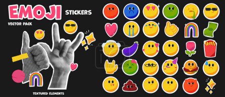 Illustration for Contemporary emoji for collage. A set with vector grunge faces and objects. Pack with punk hands in halftone trendy - Royalty Free Image