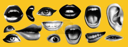 Illustration for Punk collage elements. Eyes and lips and ear in halftone treatment. Retro magazine clippings. Mouth on yellow background - Royalty Free Image